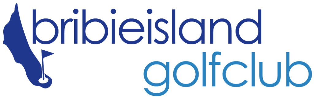 Bribie Island Golf Club logo with blue island silhouette and golf flag icon