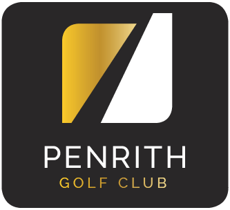 Penrith Golf Club logo with gold and white geometric shapes on a black background.