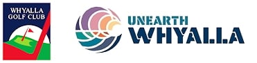 Whyalla Golf Club logo with flag icon and Unearth Whyalla tourism logo side by side.